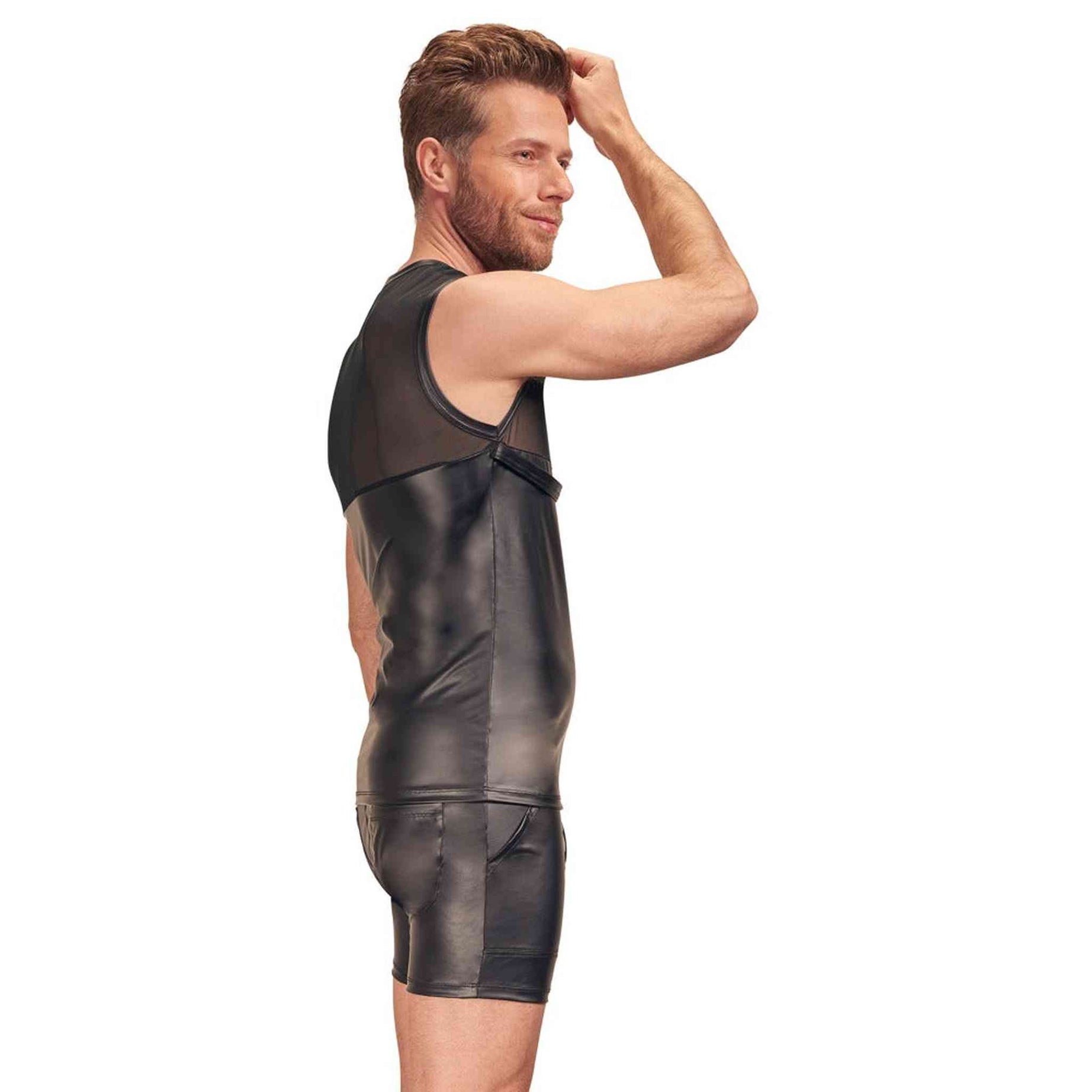 Canotta Uomo Sexy Nero Opaco con Inserti Trasparenti e Harness in Cuoio