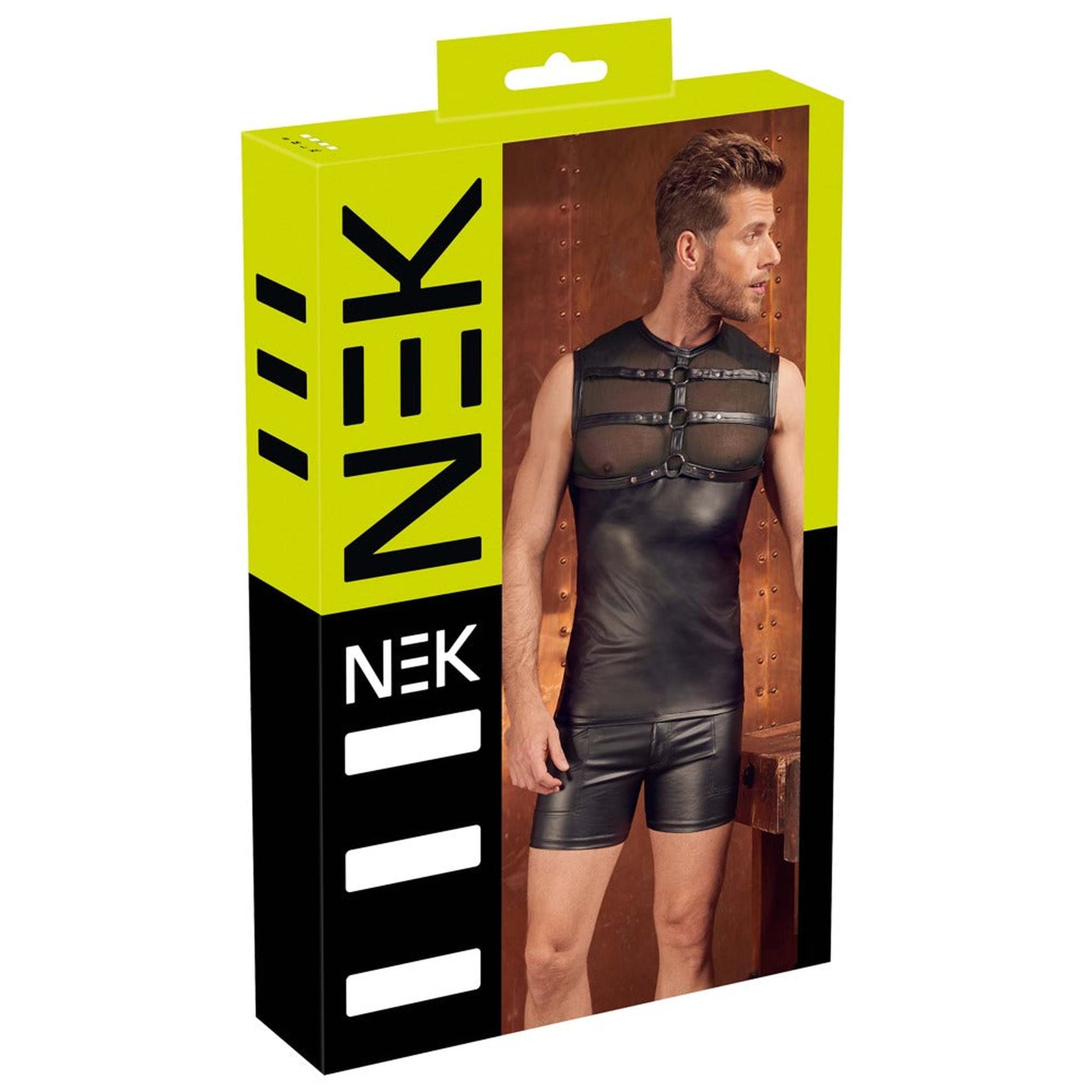 Canotta Uomo Sexy Nero Opaco con Inserti Trasparenti e Harness in Cuoio