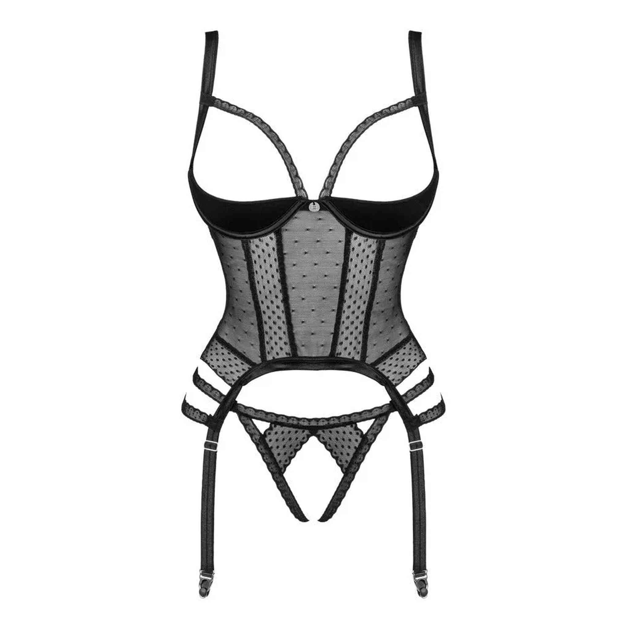 Bustier Sexy Nero Open Cup con Reggicalze e Dettagli in Rete