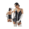 Black and white latex suspender corset with metal garters