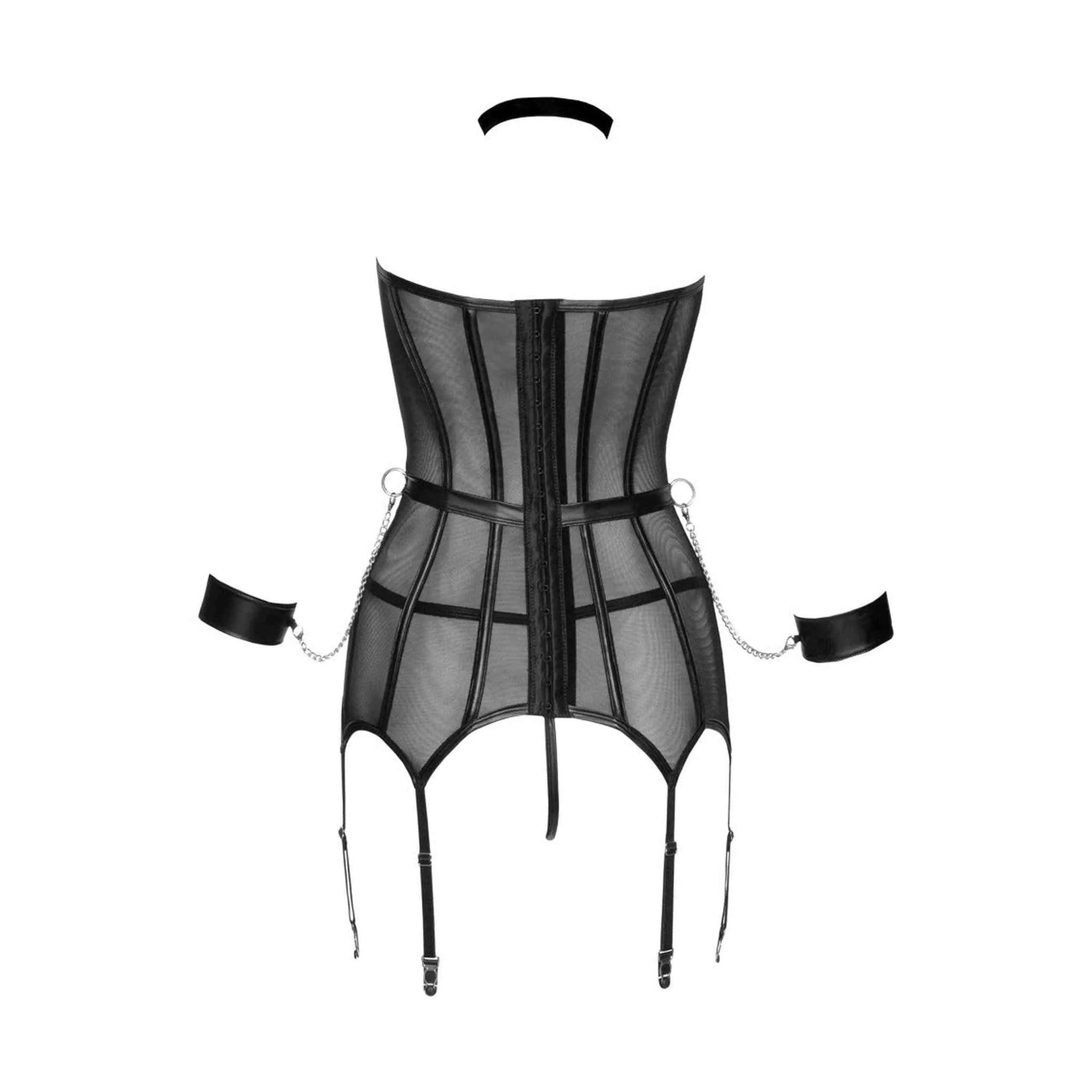 Corsetto bondage trasparente con reggicalze e accessori BDSM