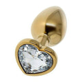 Enchufe en forma de corazón temprano en metal dorado con swarovsky rojo