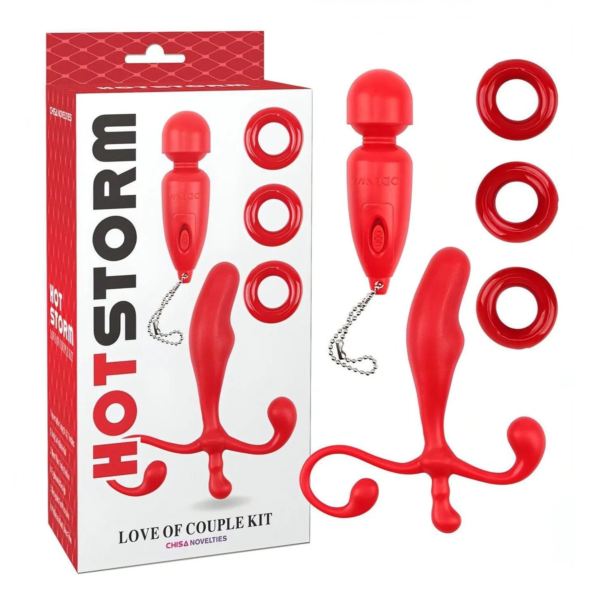 Hot Storm - Set di 3 anelli, stimolatore prostatico e mini wand