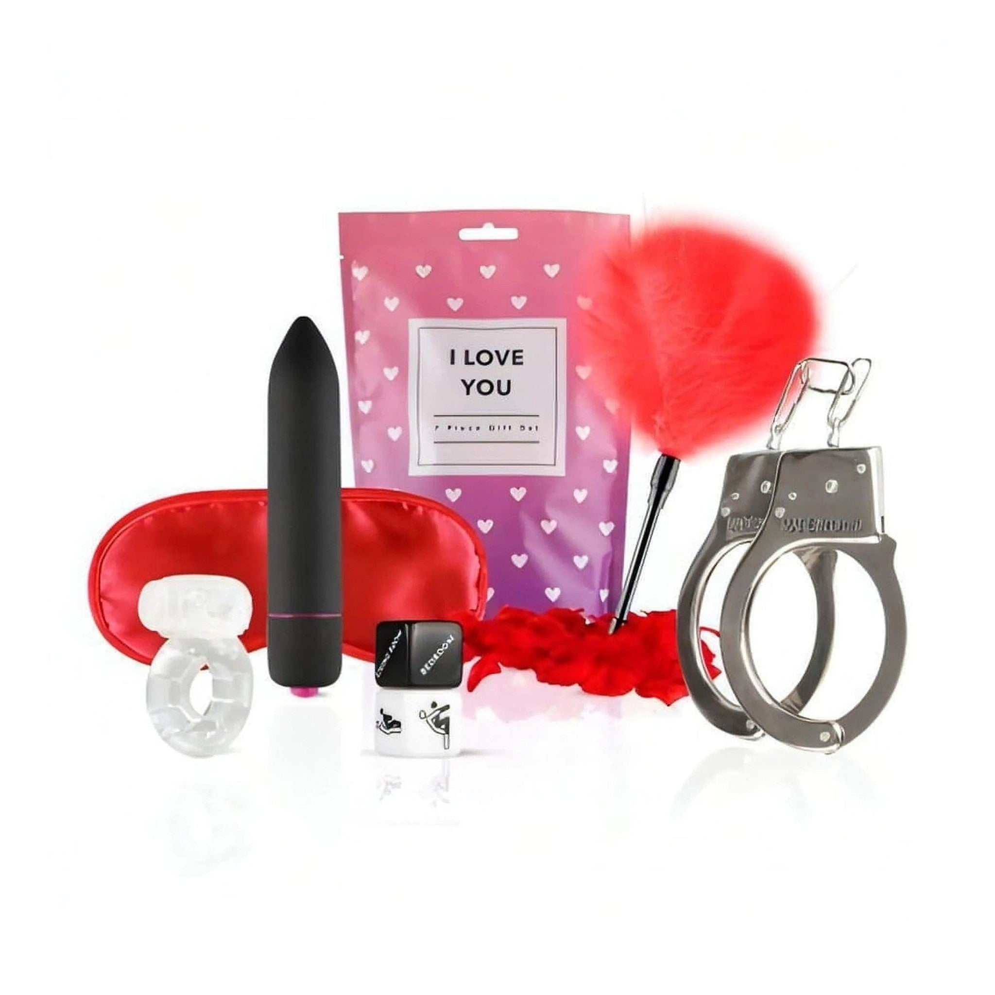 I Love You Gift Box - Stimolatore Clitorideo in Silicone, Anello Vibrante, Feather Tickler, Manette, Benda Satinata, 2x Dadi de