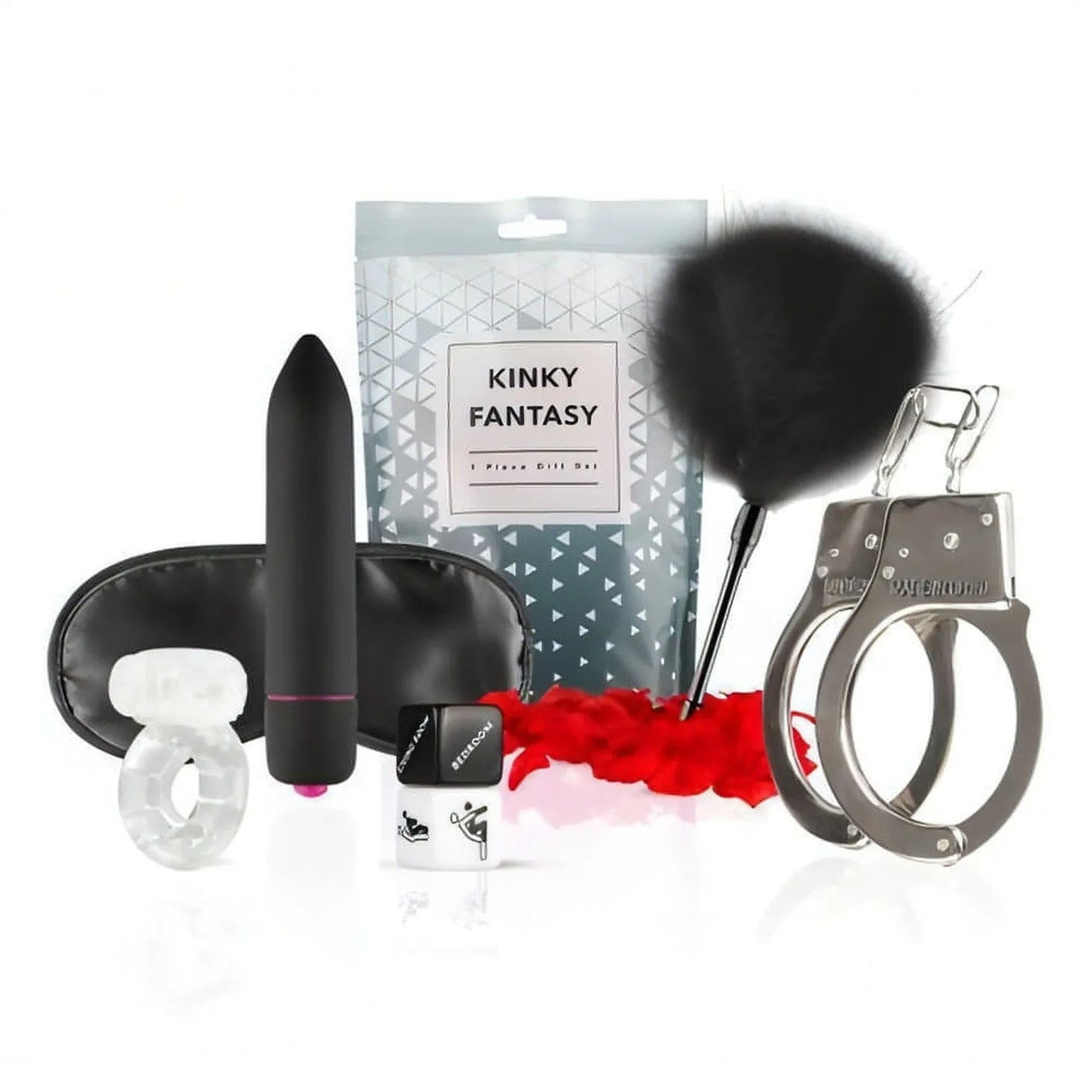 Kinky Fantasy Gift Box - Stimolatore Clitorideo in Silicone, Anello Vibrante, Feather Tickler, Manette, Benda Satinata, 2x Dadi