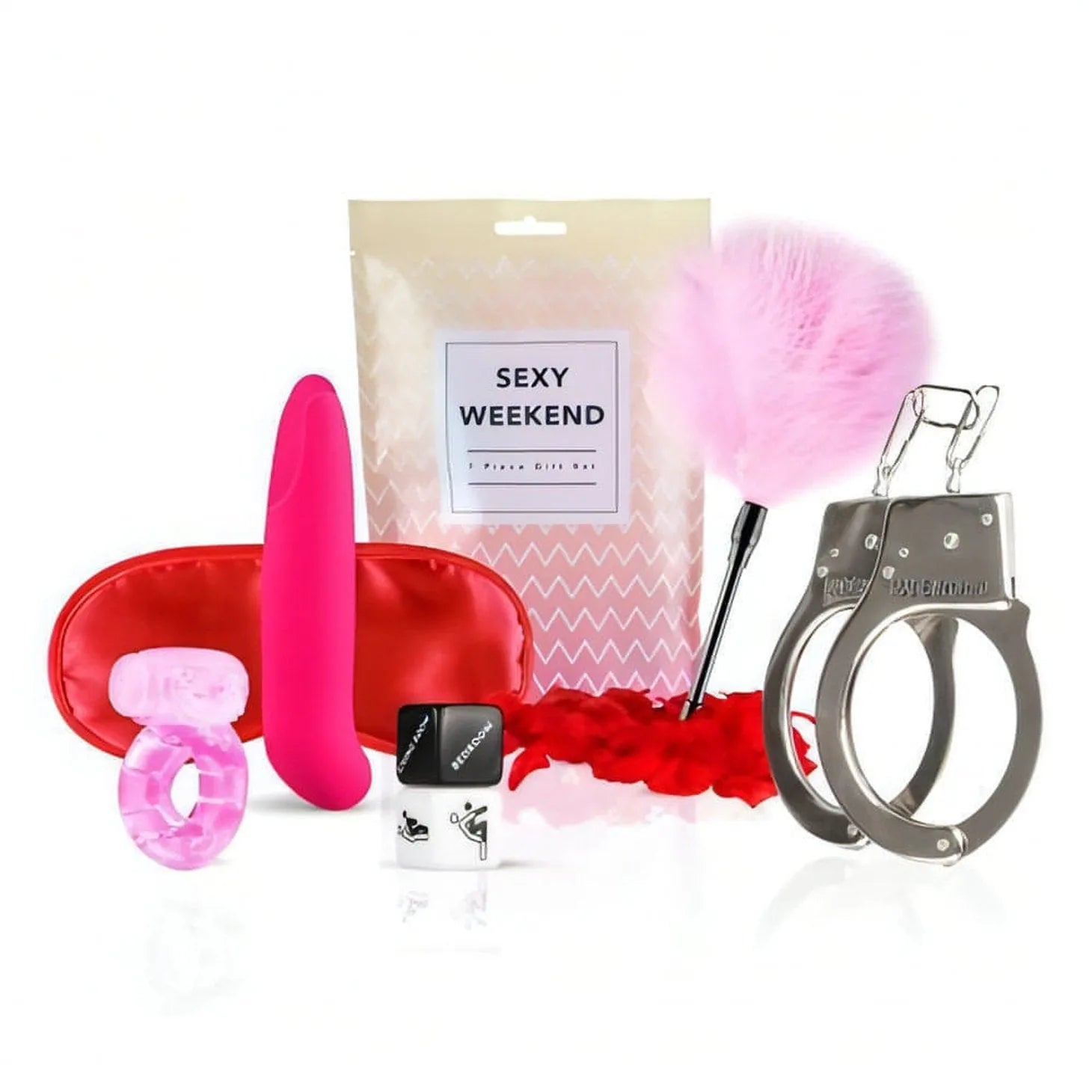 Sexy Weekend Gift Box - Vibratore Punto-G in Silicone, Anello Vibrante, Feather Tickler, Manette, Benda Satinata, 2x Dadi delle