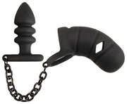 Cock Cage Black Velvets – Gabbia per Pene con Anello e Plug Anale, foto 1