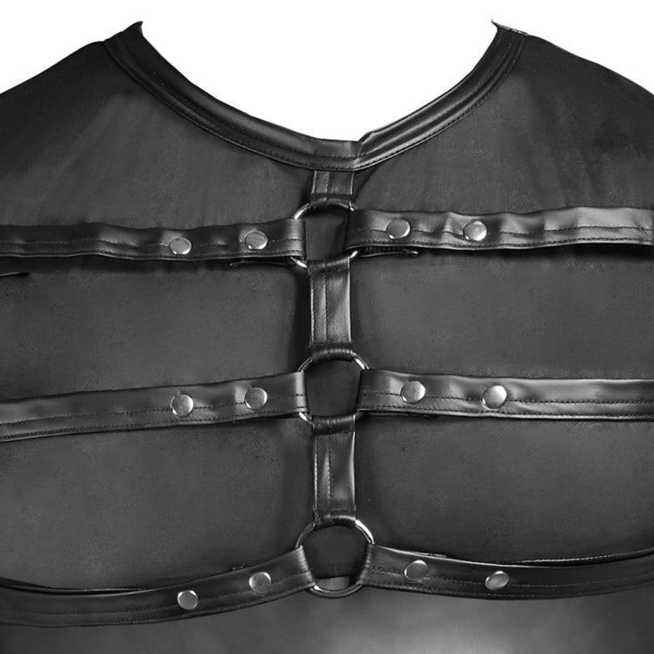 Canotta Uomo Sexy Nero Opaco con Inserti Trasparenti e Harness in Cuoio