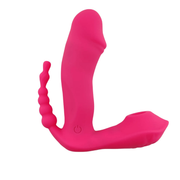 Vista frontale vibratore rosa L-shaped con base piatta e pulsante