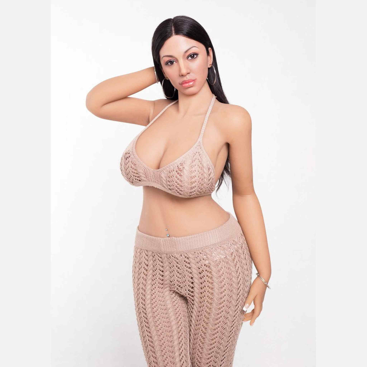 Bambola sessuale realistica Alexia 161 cm pelle beige capelli neri con completo maglia aperta rosa