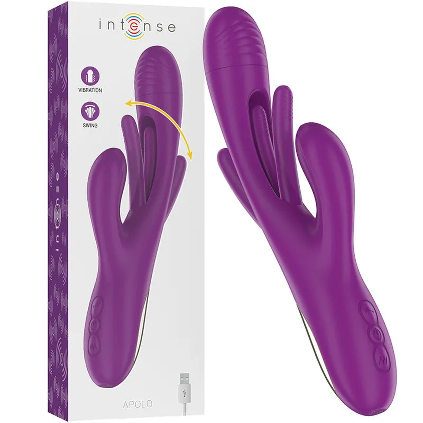 Vibratore rabbit viola Intense Apolo con base dorata e scatola bianca