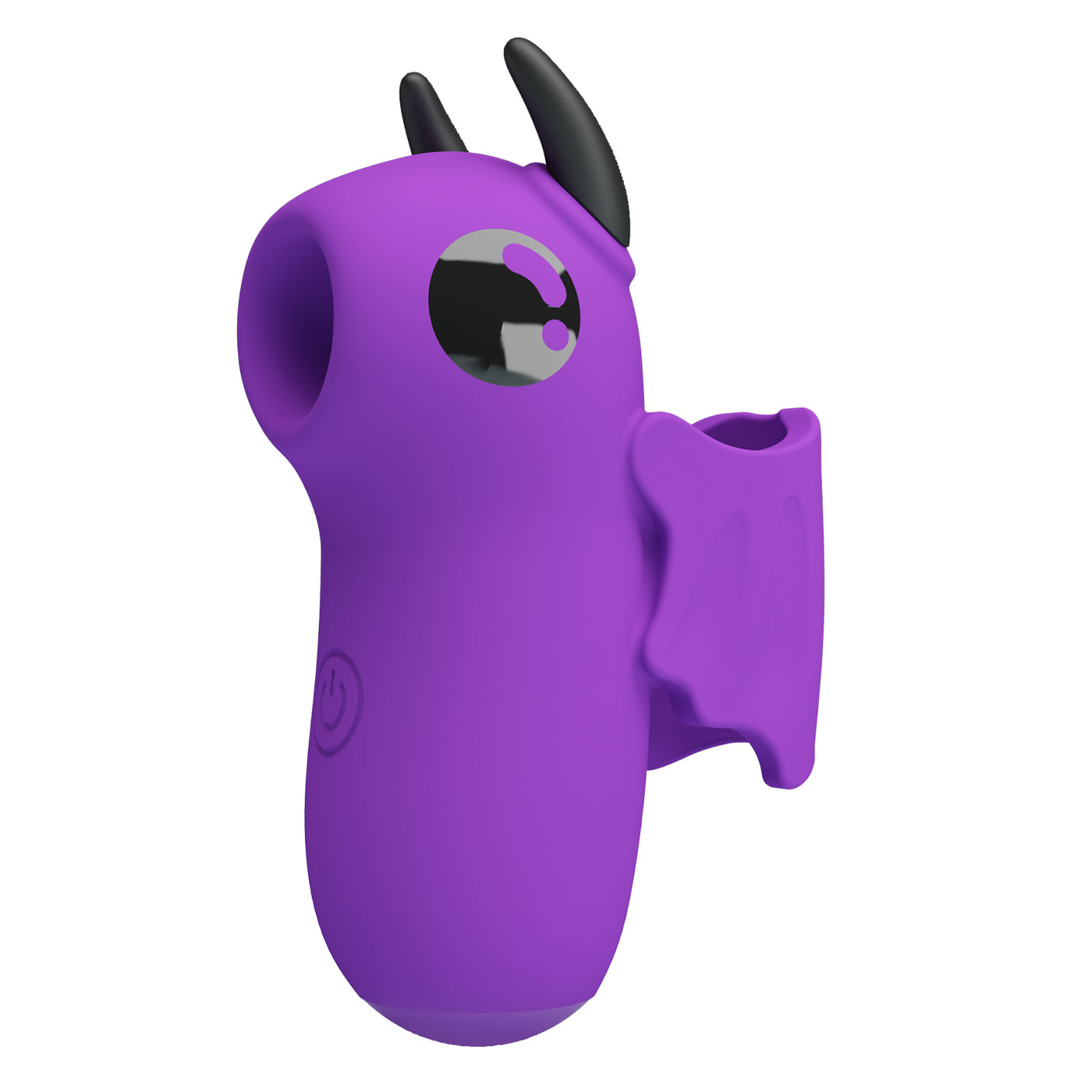 Vibratore da dito viola Magic Devil frontale con bocca suzione aperta e pulsante accensione