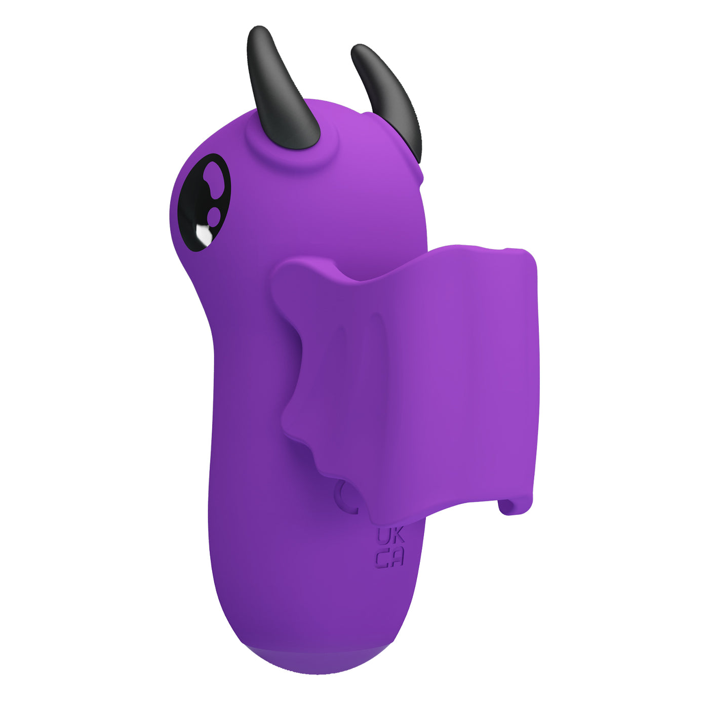 Vibratore da dito viola Magic Devil vista laterale con occhio stilizzato e ala flessibile