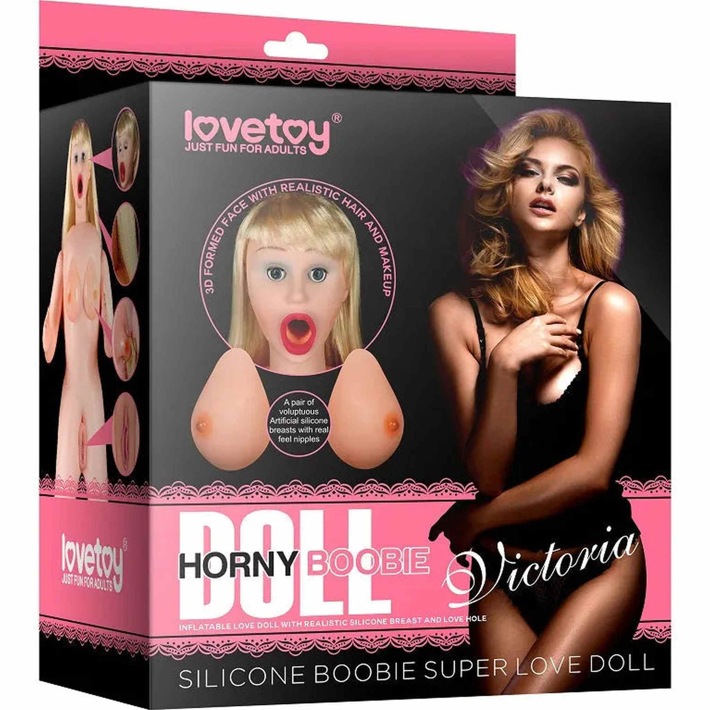 Scatola prodotto Bambola Love Doll Victoria con dettagli viso e seno in silicone