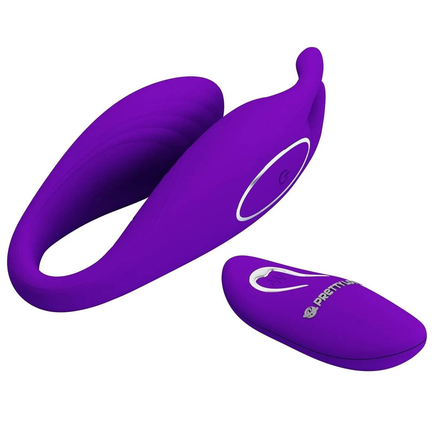 Vibratore clitorideo e vaginale viola a C con telecomando onda e anello metallico