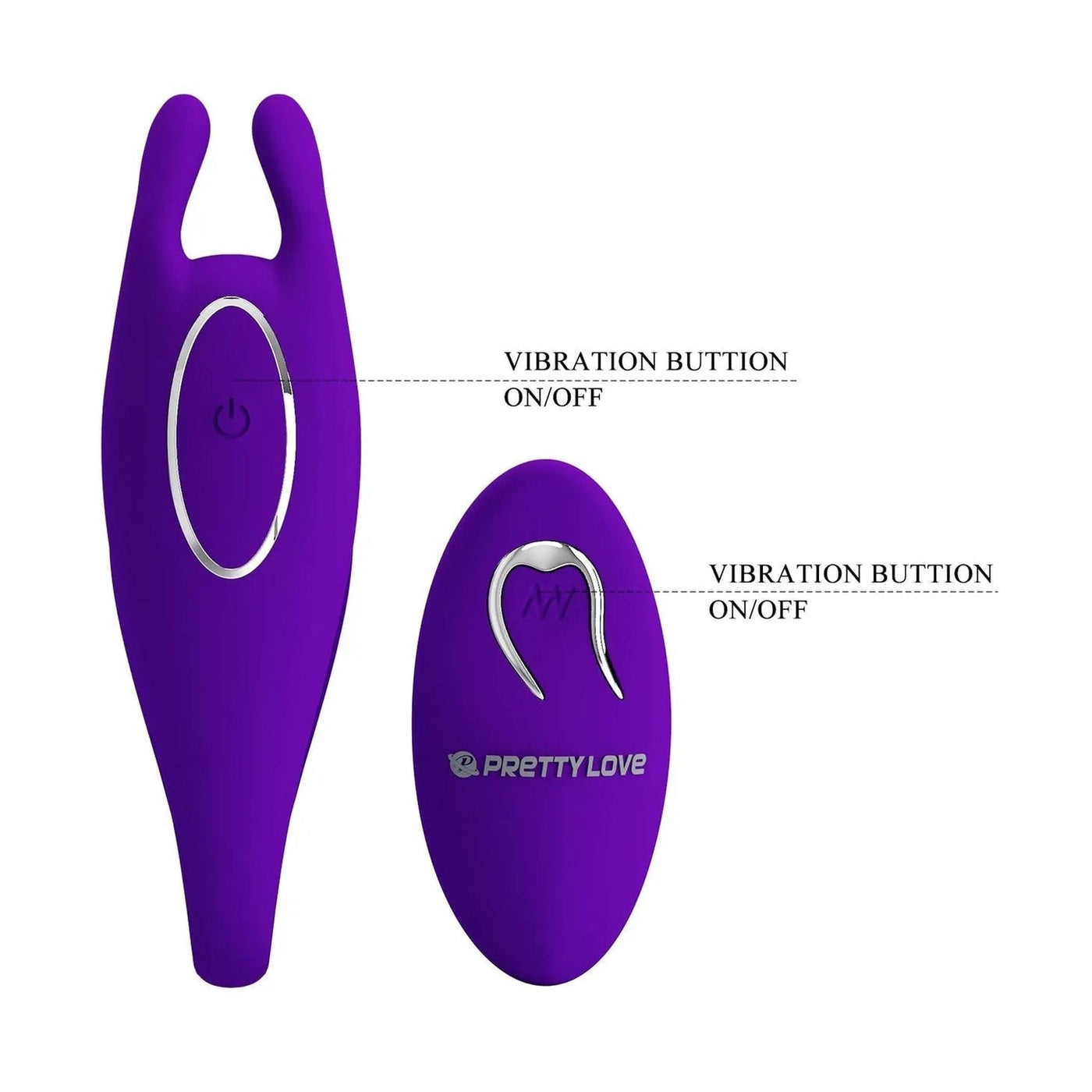 Vibratore e telecomando viola separati con pulsanti on/off e logo Pretty Love