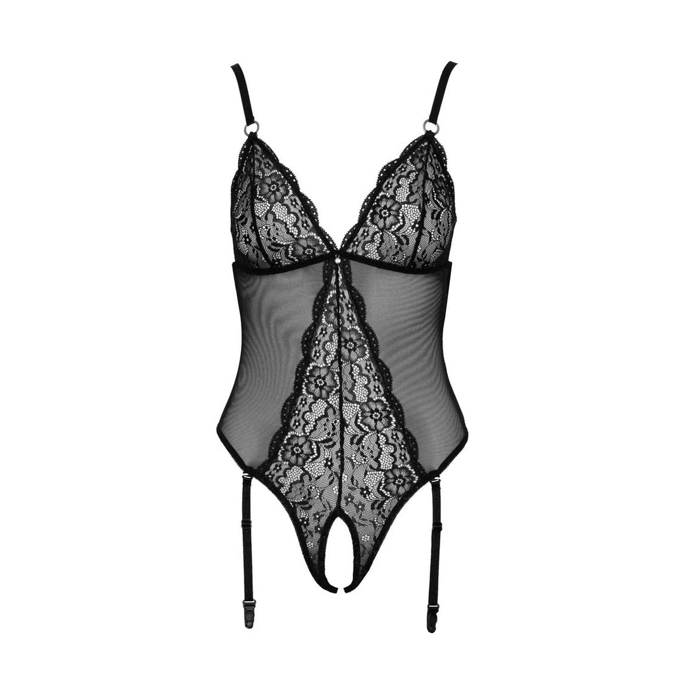 Body Aperto in Tulle e Pizzo Ricami Floreali e Reggicalze