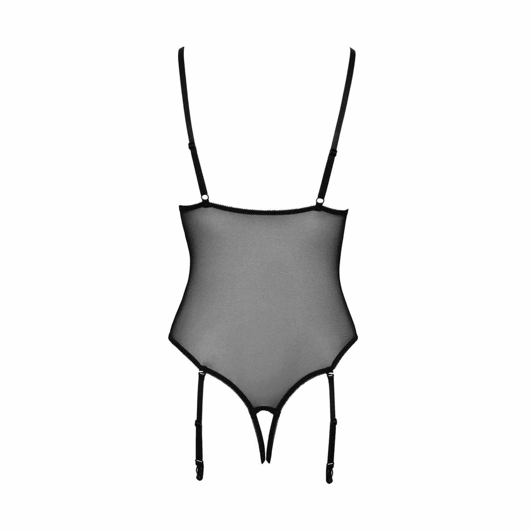 Body aperto in tulle e pizzo con ricami floreali e reggicalze incorporati