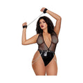 Body aus Mesh und Kunstleder mit tiefem Ausschnitt