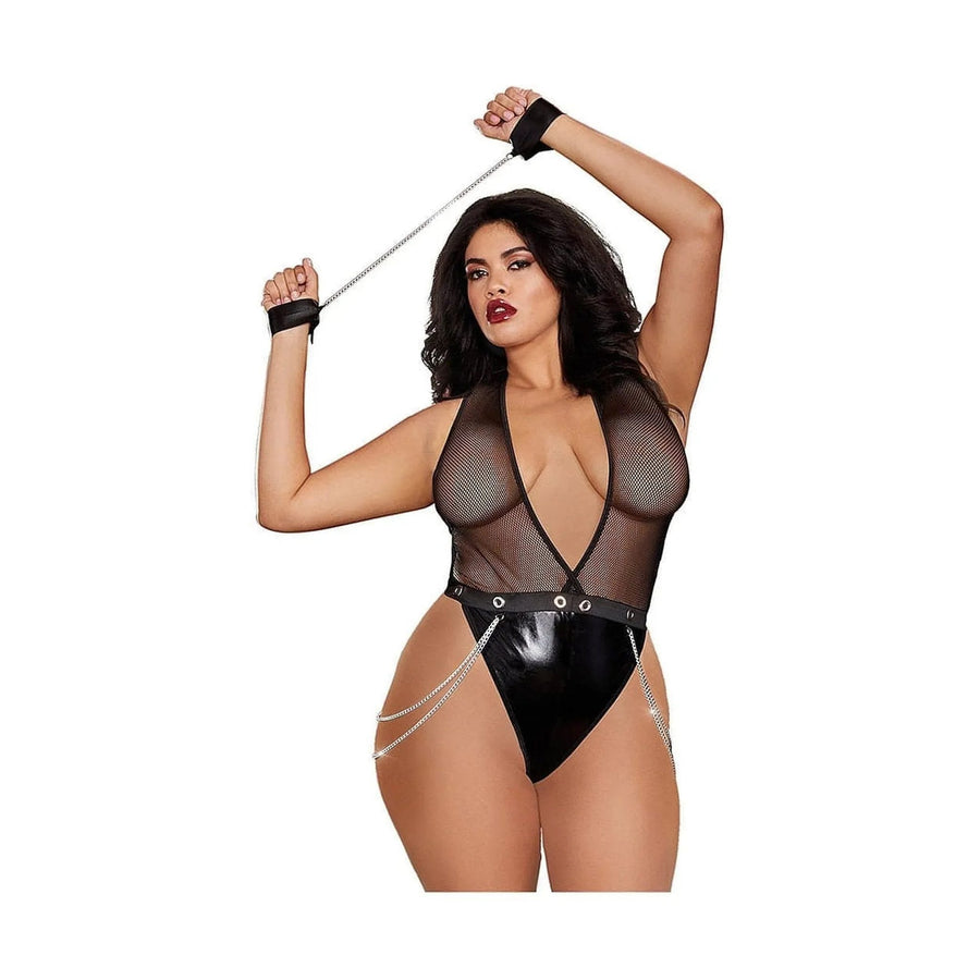 Body aus Mesh und Kunstleder mit tiefem Ausschnitt