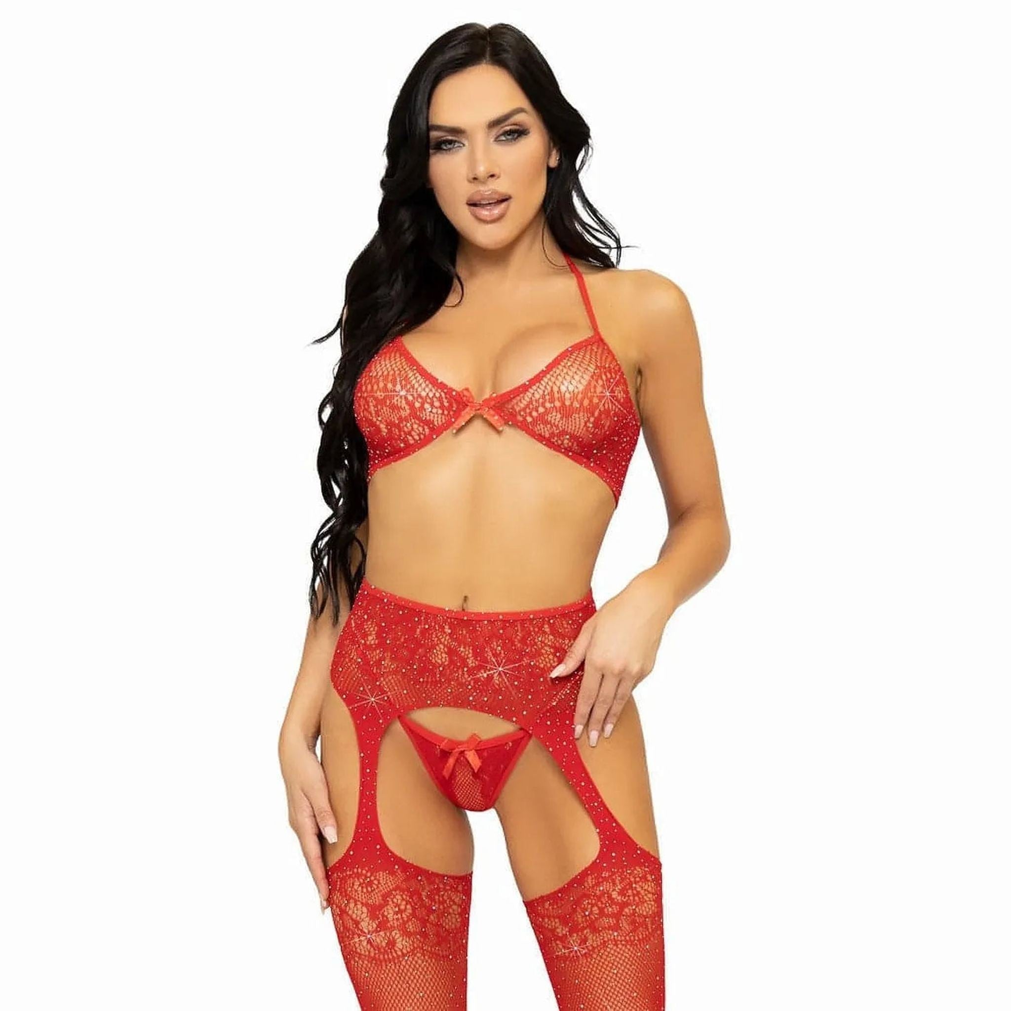 Brilliant Set - Reggiseno, Perizoma e Collant con apertura inguinale - Taglia Unica