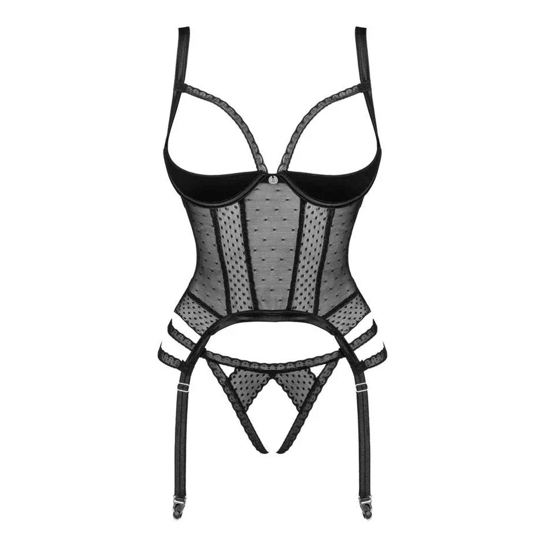 Bustier Sexy Nero Open Cup con Reggicalze e Dettagli in Rete