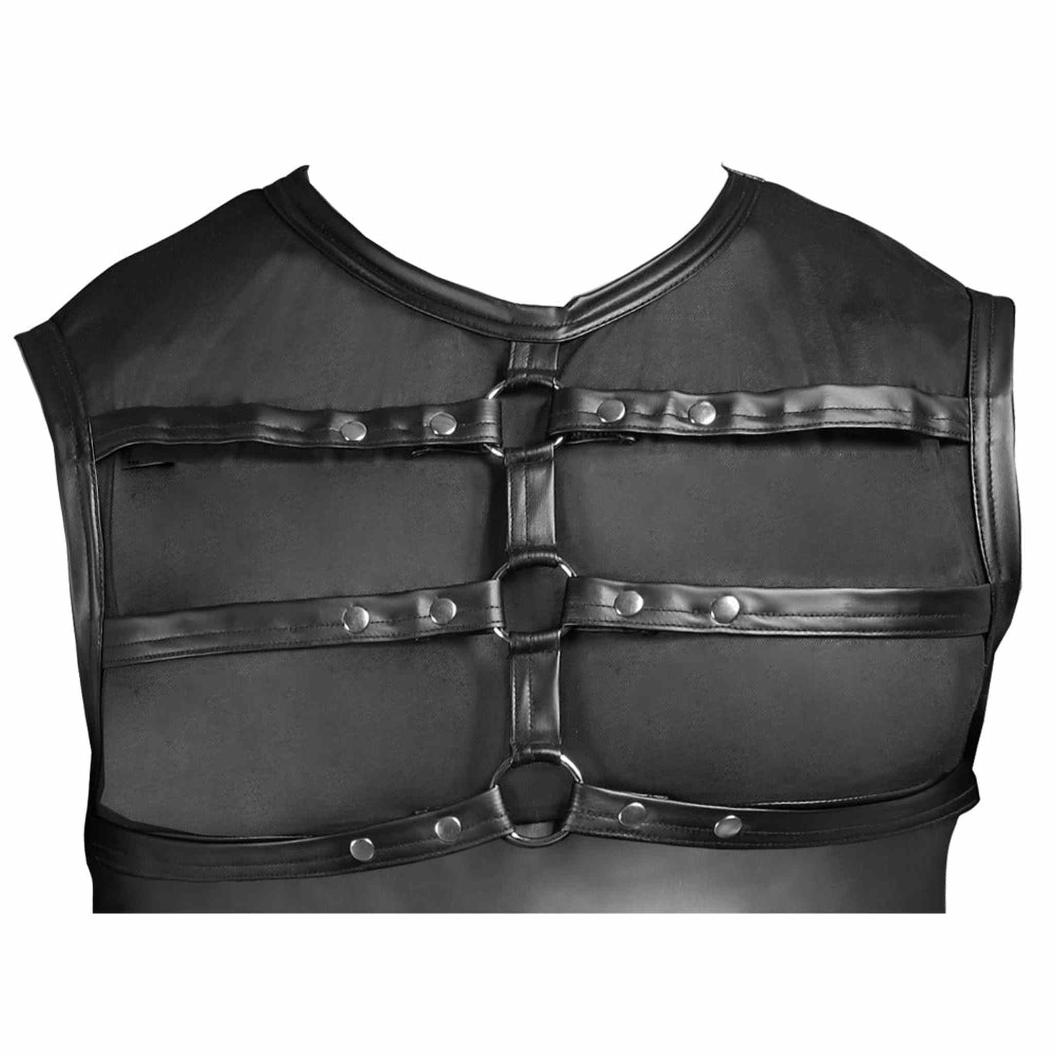 Canotta Uomo Sexy Nero Opaco con Inserti Trasparenti e Harness in Cuoio