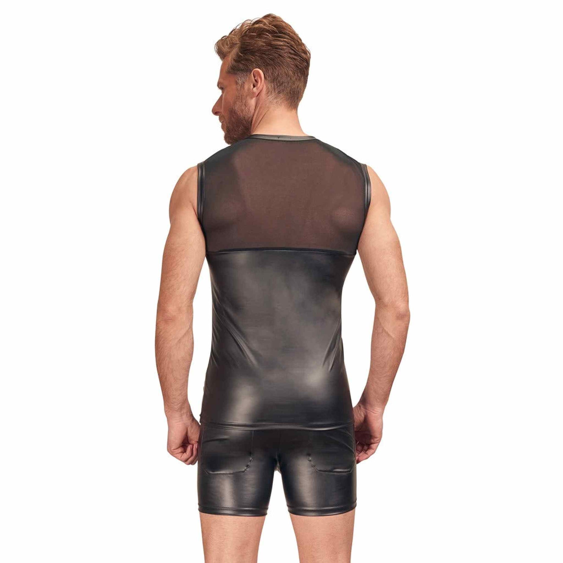 Canotta Uomo Sexy Nero Opaco con Inserti Trasparenti e Harness in Cuoio