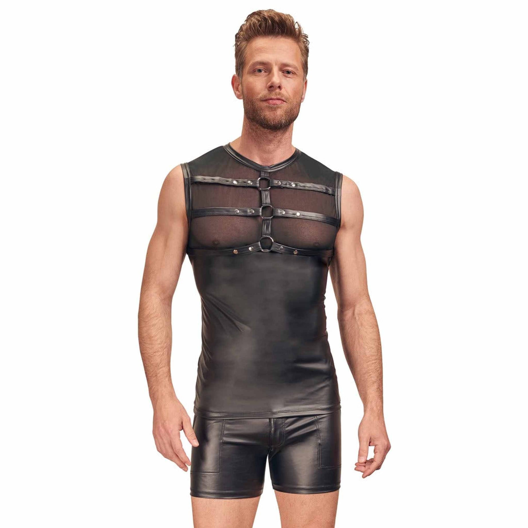 Canotta Uomo Sexy Nero Opaco con Inserti Trasparenti e Harness in Cuoio