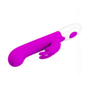 Vibratore rabbit viola ergonomico con orecchie coniglio e base bianca