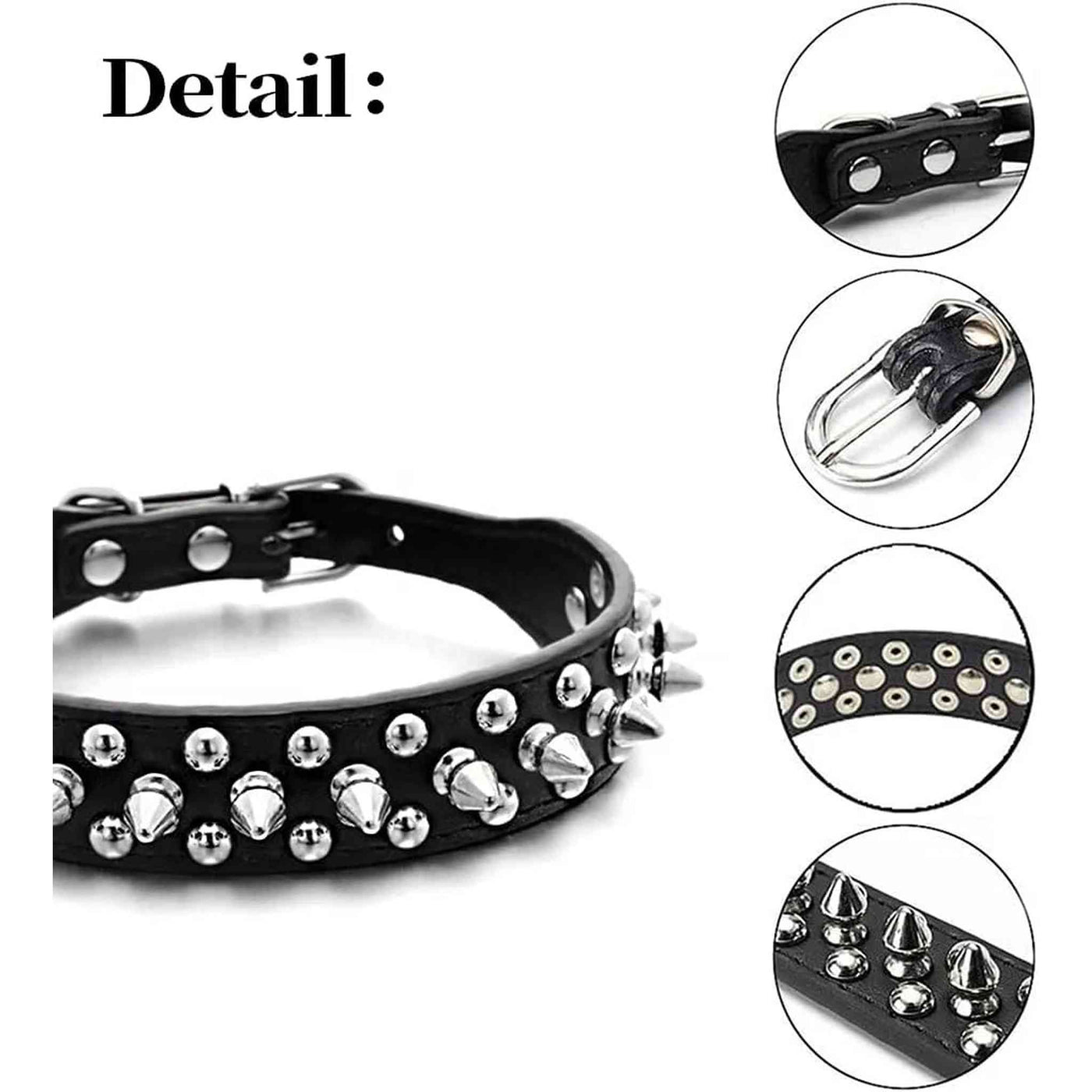 Collare nero in ecopelle con borchie argentate, cinghie regolabili – 38 cm