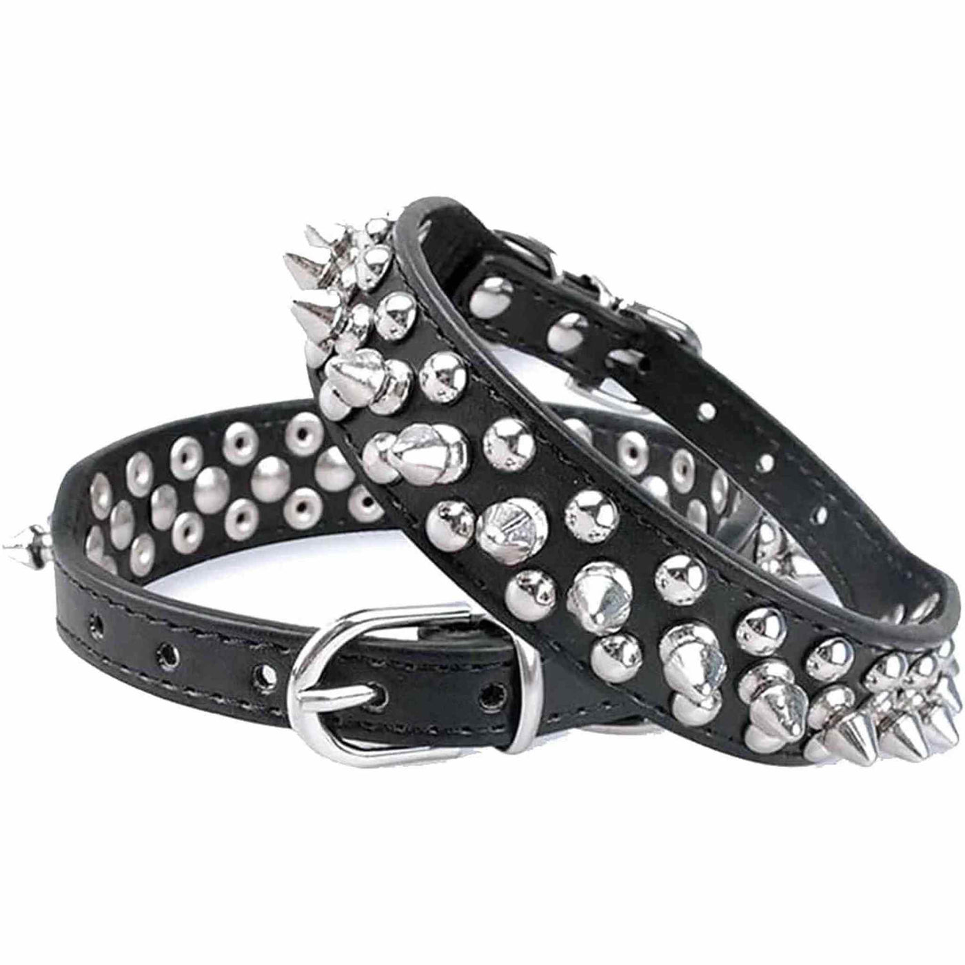 Collare nero in ecopelle con borchie argentate, cinghie regolabili – 38 cm