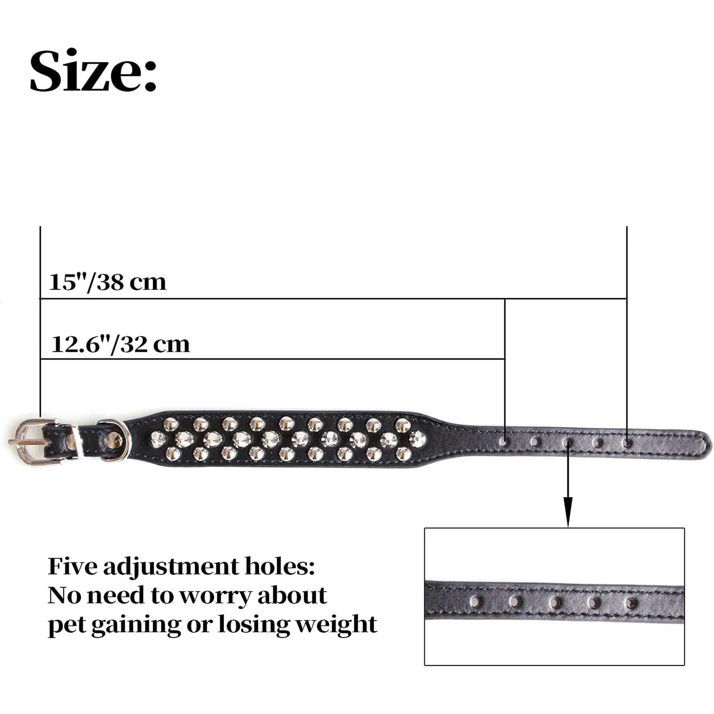 Collare nero in ecopelle con borchie argentate, cinghie regolabili – 38 cm