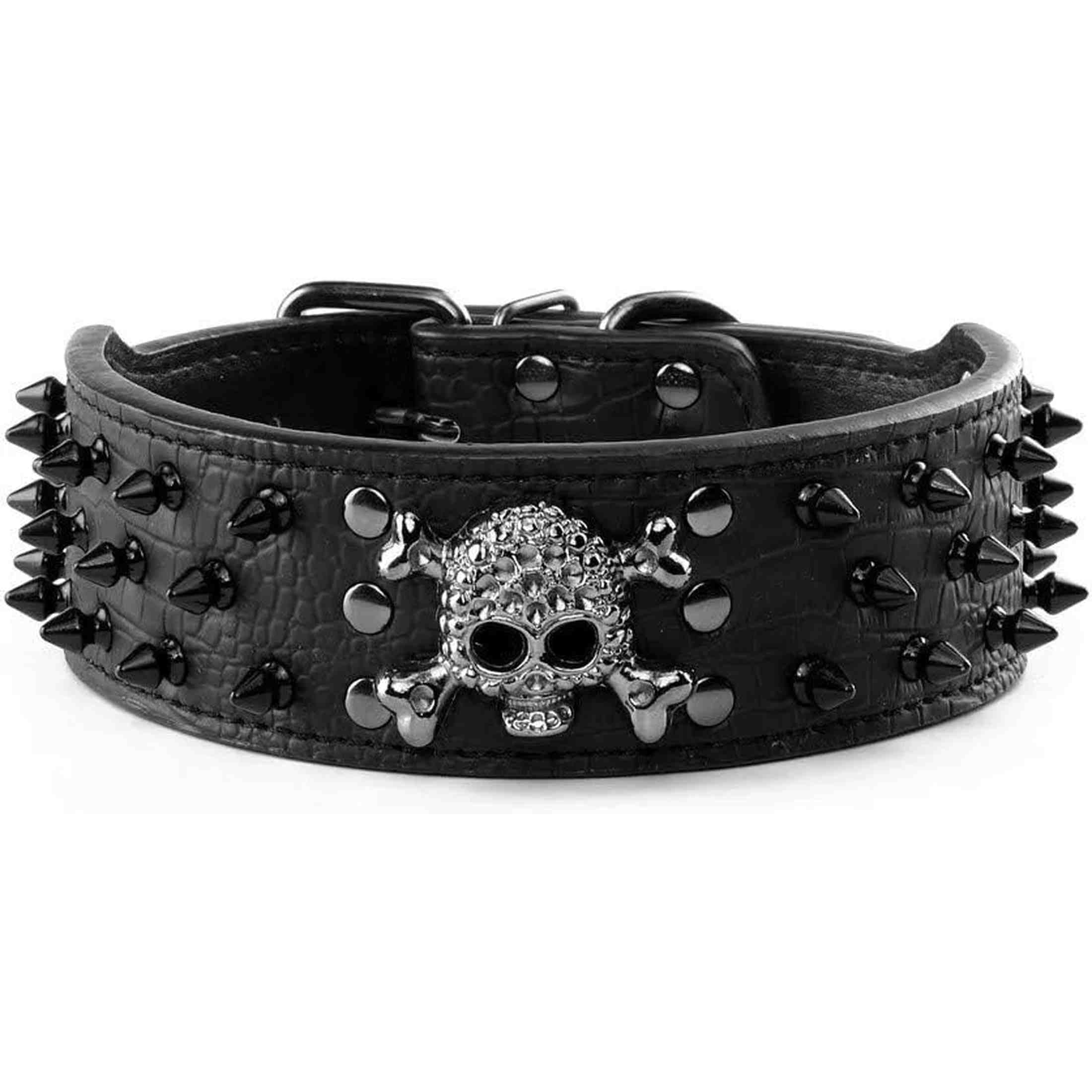 Collare spesso in ecopelle nero con skull centrale argentato e borchie nere e cinghie regolabil - GoEstasy