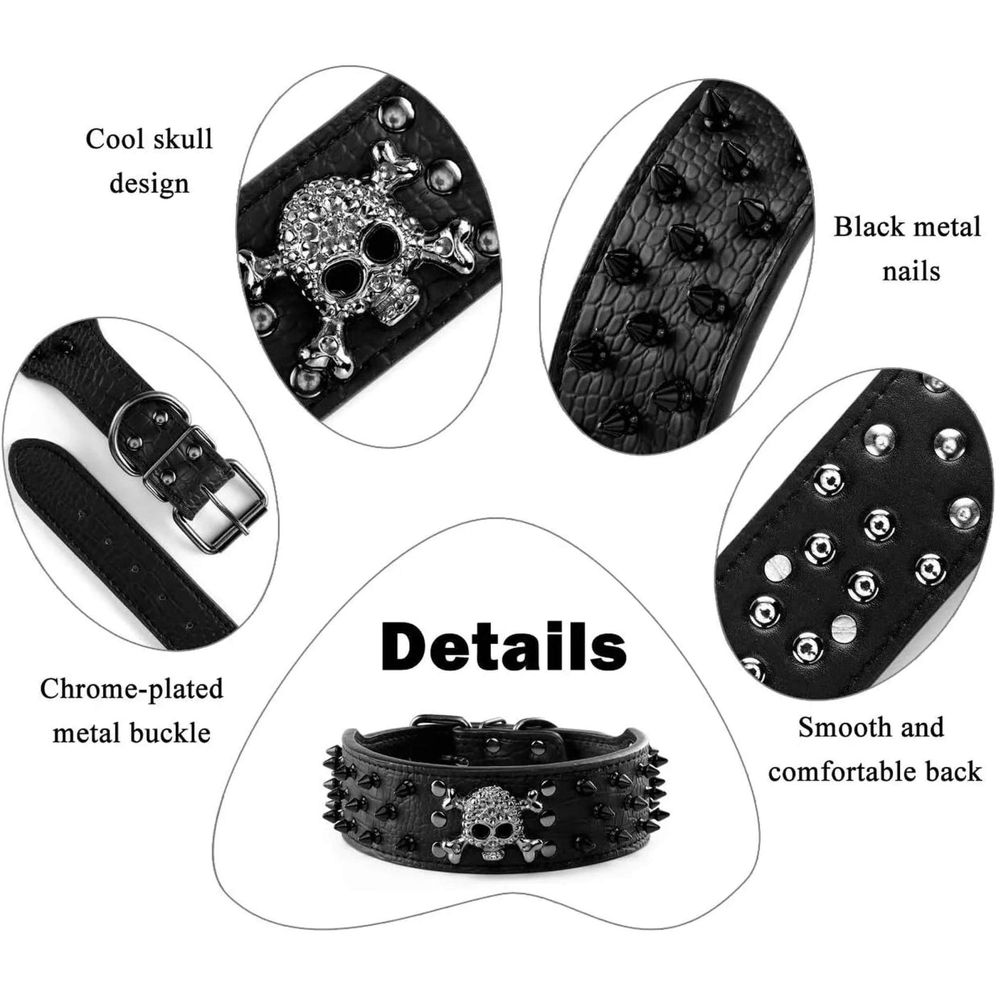 Collare spesso in ecopelle nero con skull centrale e borchie nere