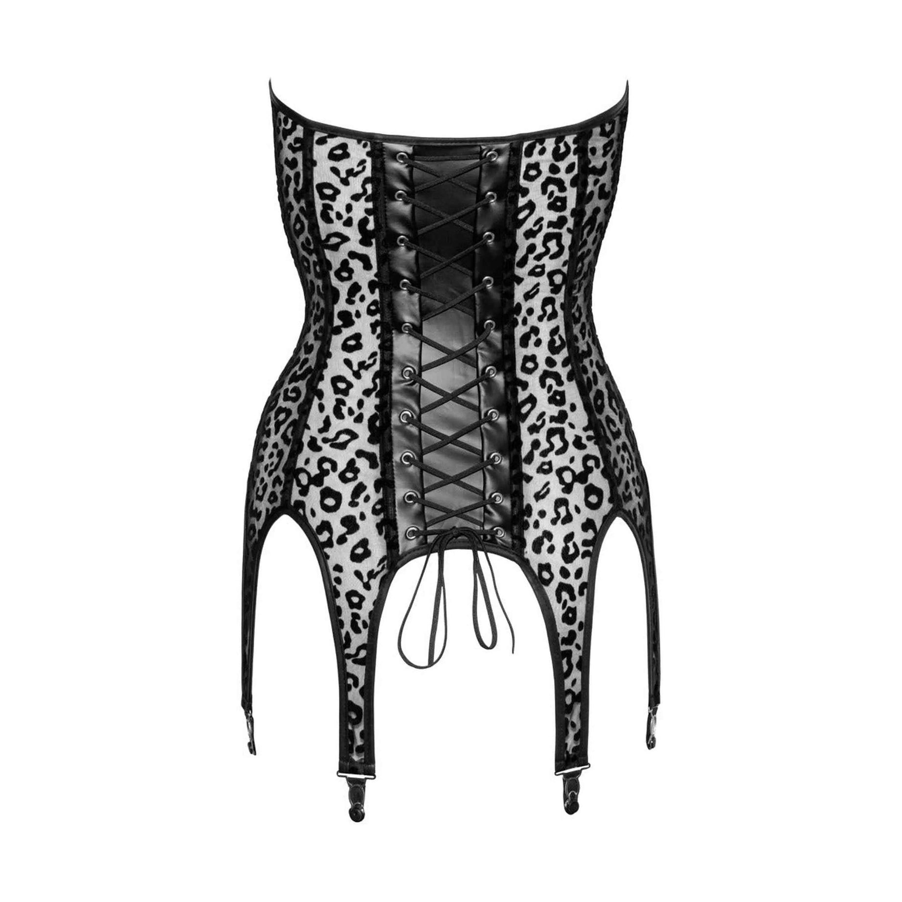 Corsetto Sexy Nero Wetlook con Inserti Leopardati e Reggicalze