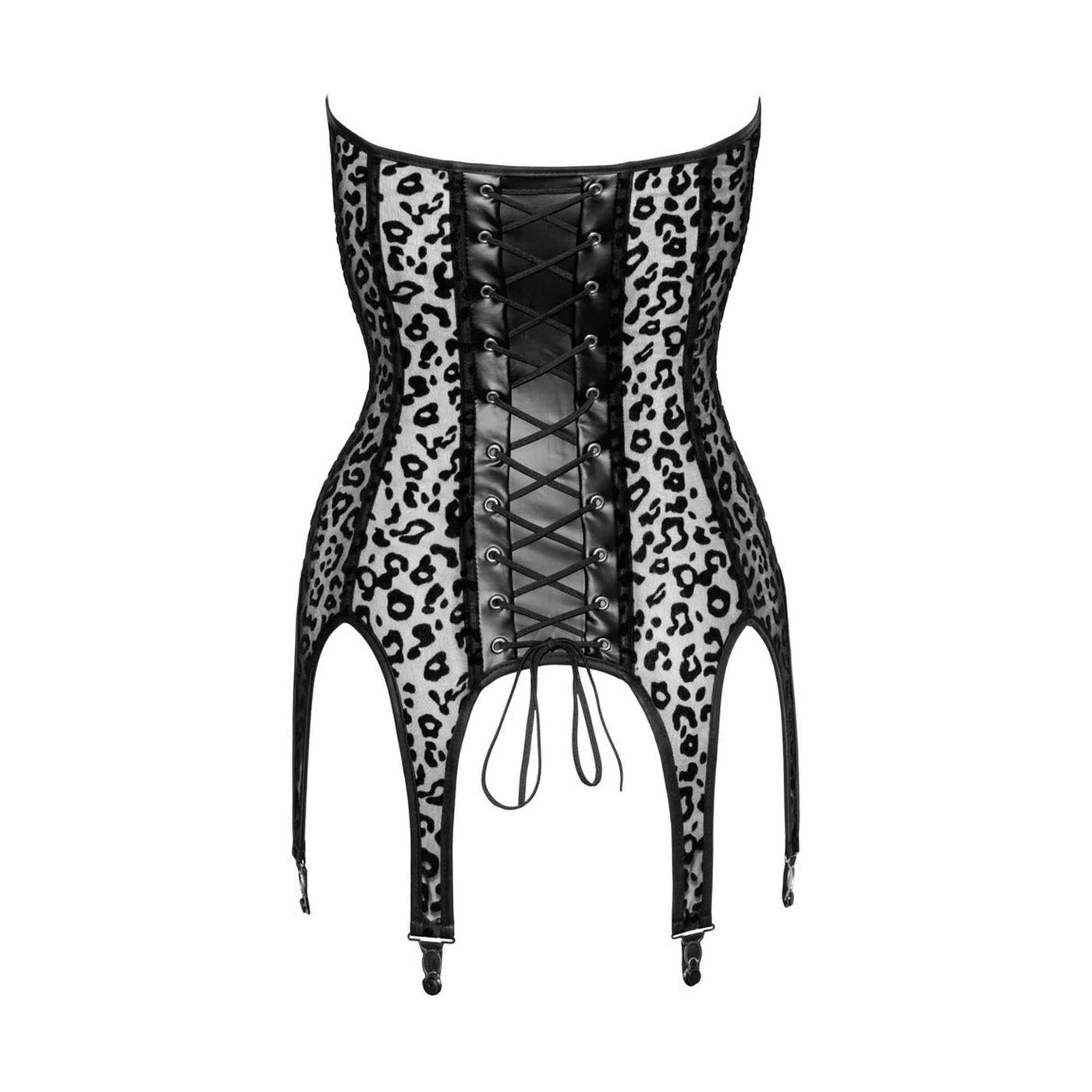 Corsetto Sexy Nero Wetlook con Inserti Leopardati e Reggicalze