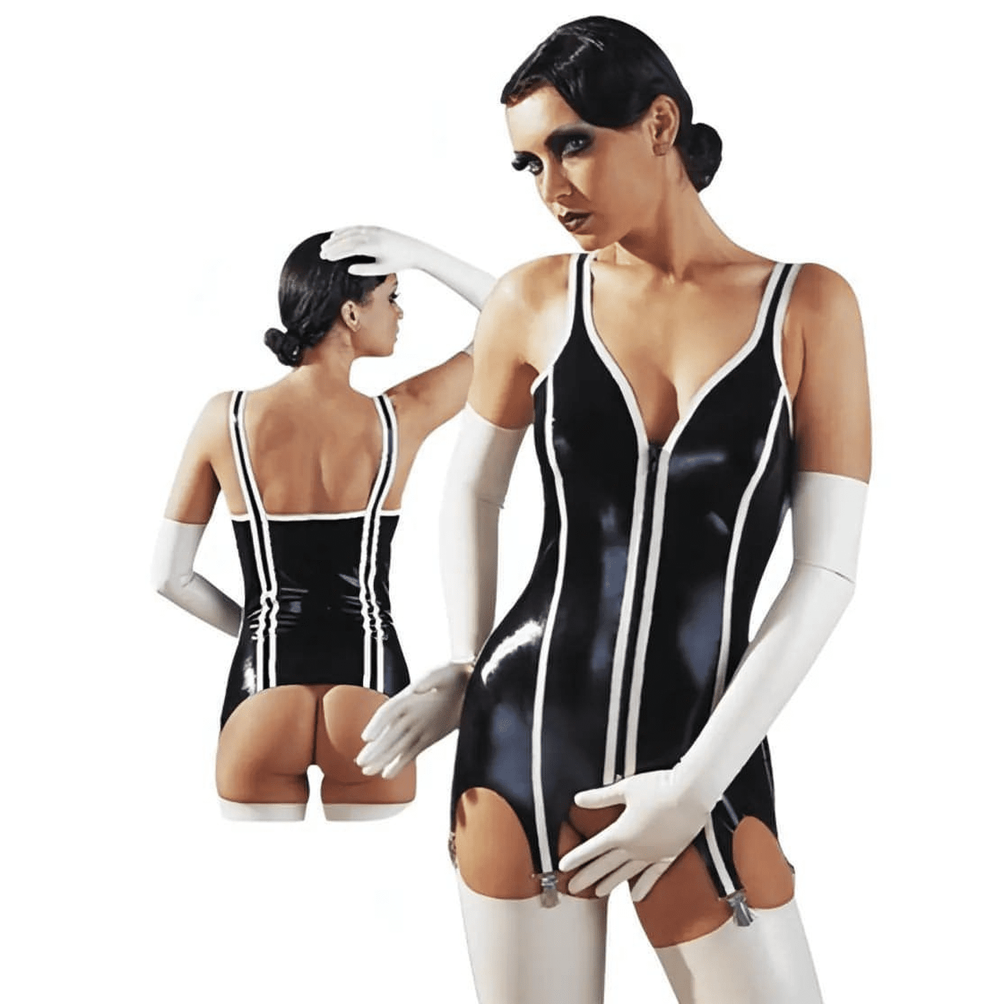 Corsetto a bretelle in latex nero e bianco - Dotato di zip avanti e reggicalze in metallo, Taglia XL Late-X