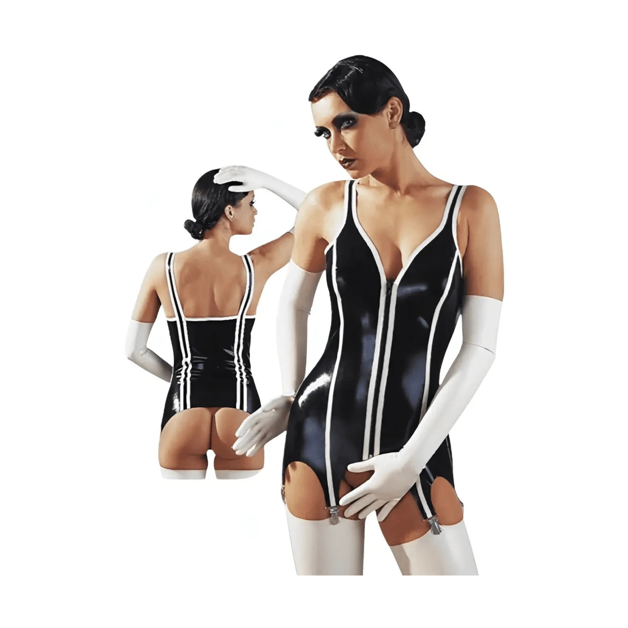 Corsetto a bretelle in latex nero e bianco con reggicalze in metallo