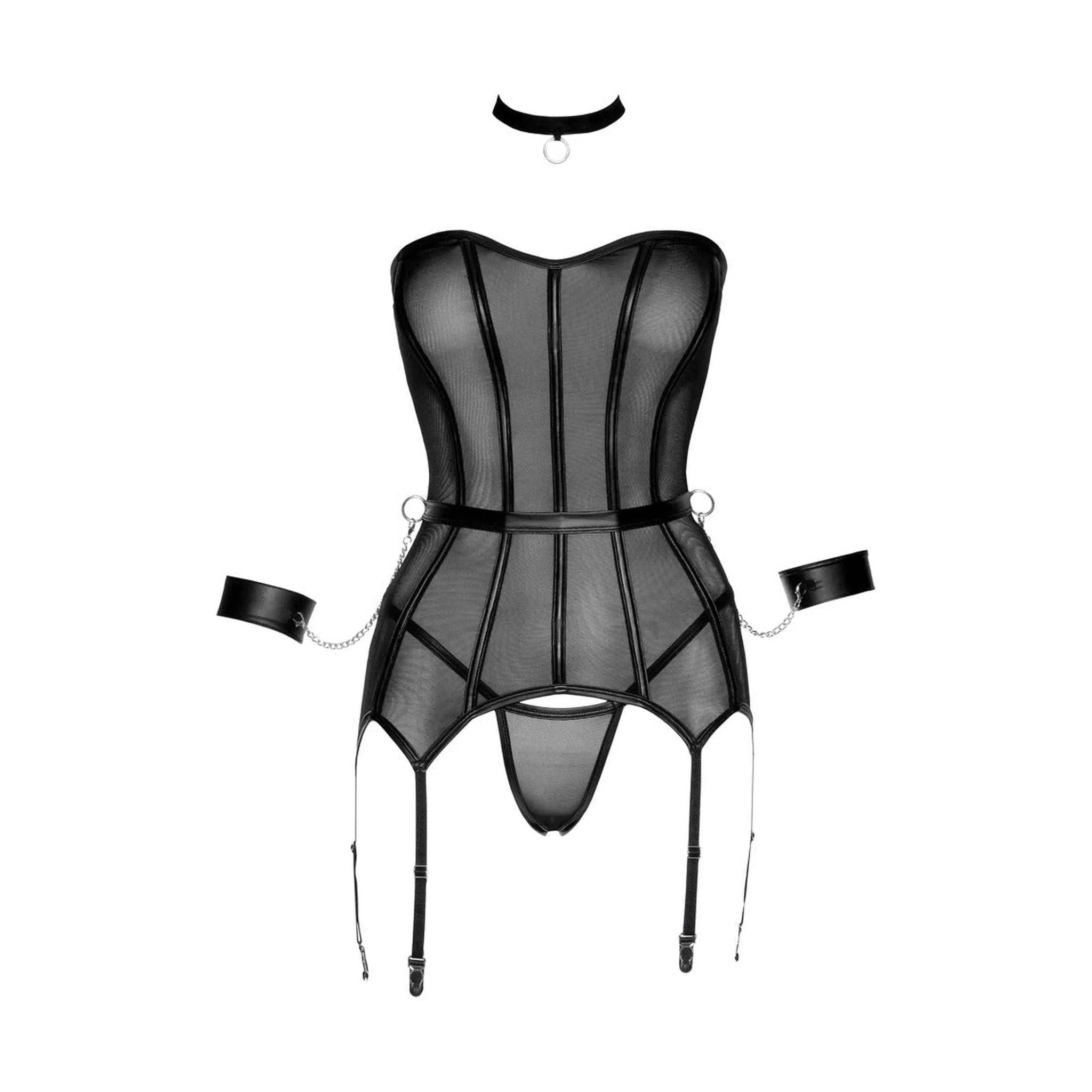 Corsetto bondage trasparente con reggicalze e accessori BDSM