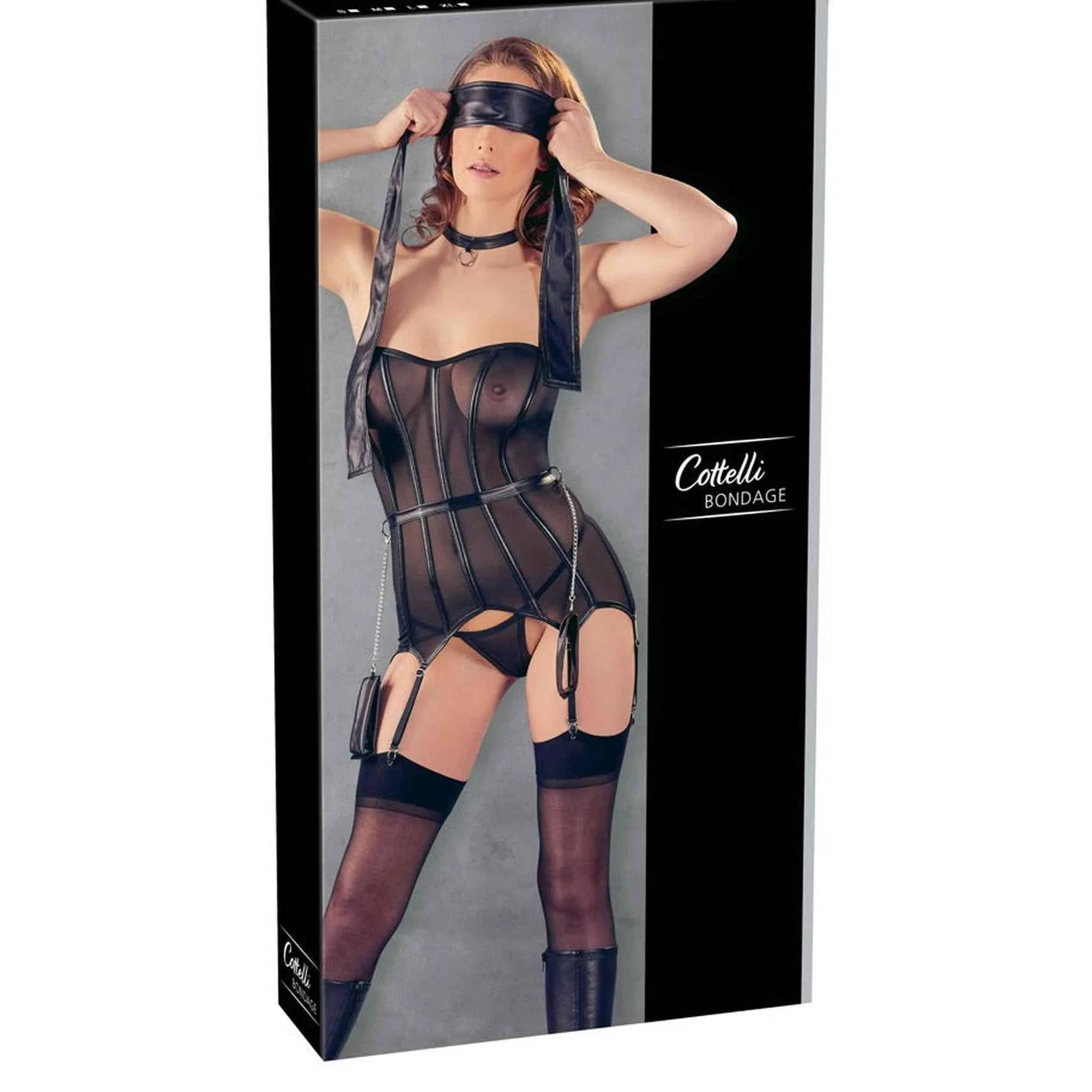 Corsetto bondage trasparente con reggicalze e accessori BDSM