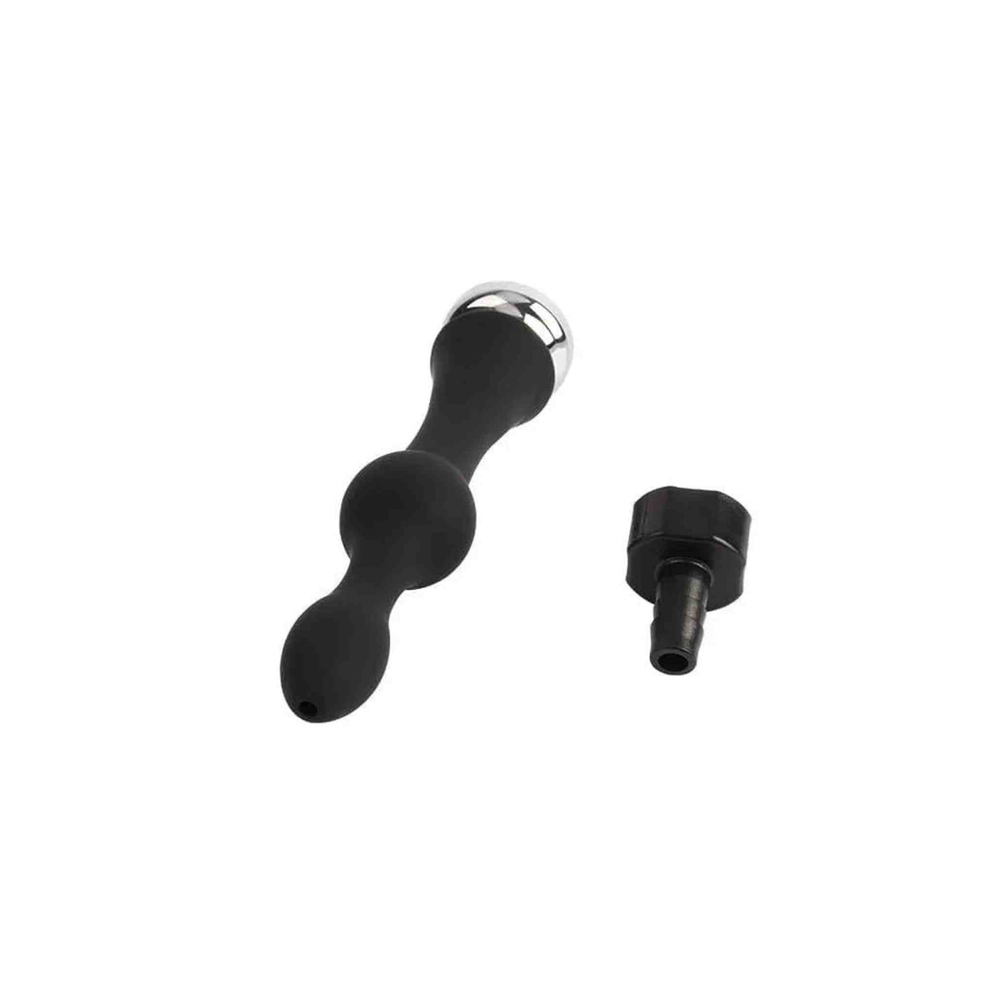 Plug anale nero in silicone con diametro graduale e anello cromato, accessorio doccia incluso