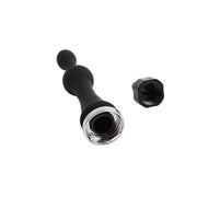 Vista dall'alto plug anale silicone nero con apertura circolare e anello metallico lucido