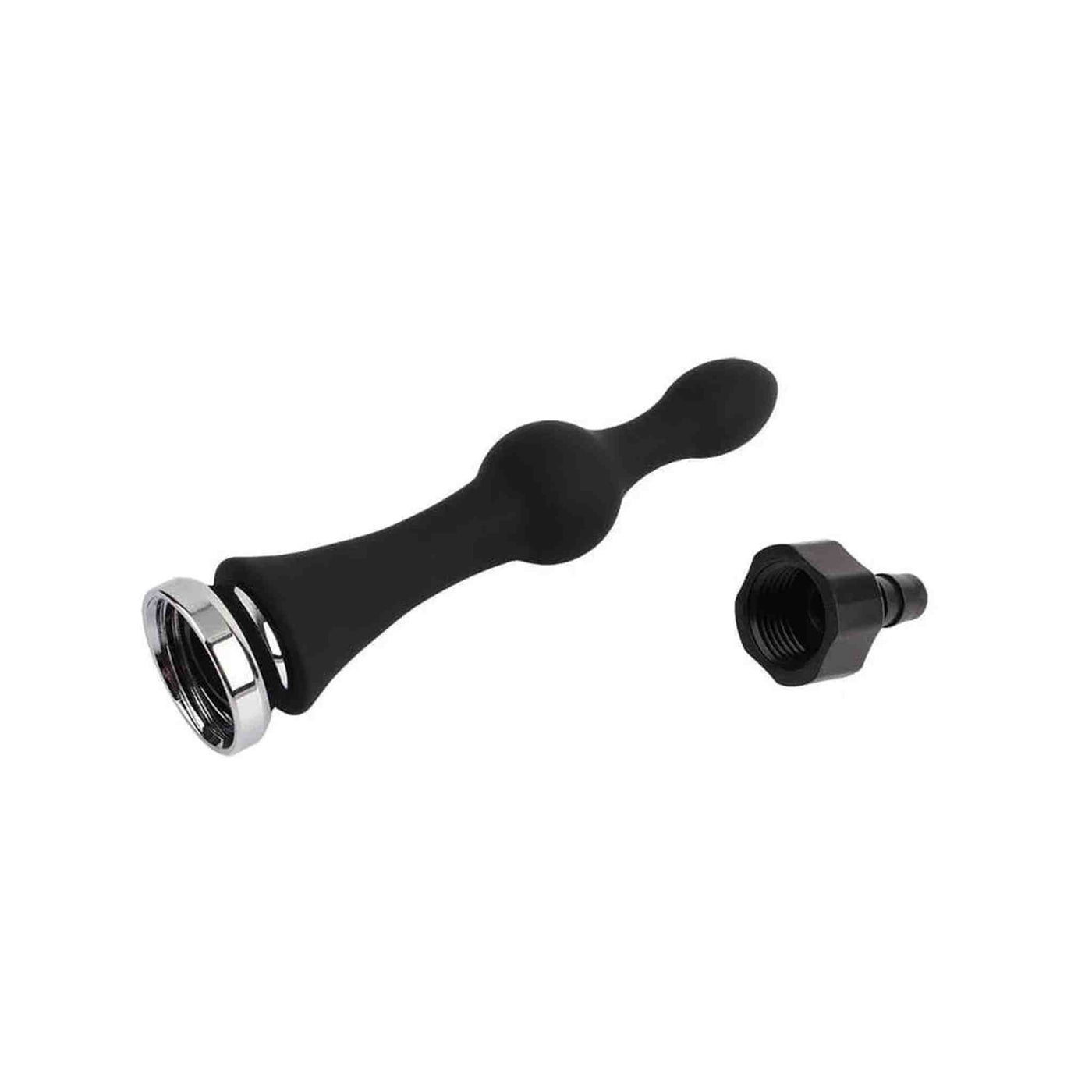 Plug anale ergonomico nero in silicone con anello cromato e tappo per doccia flessibile