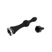 Plug anale ergonomico nero in silicone con anello cromato e tappo per doccia flessibile