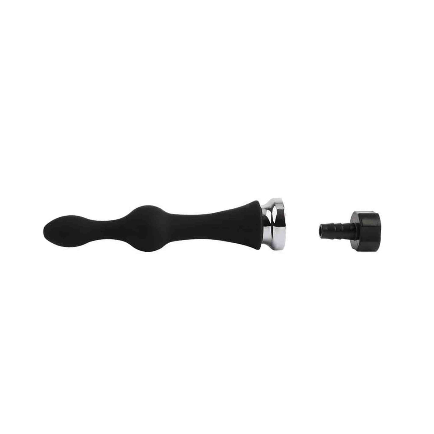 Plug anale nero in silicone a forma di goccia con anello metallico e connettore tubo