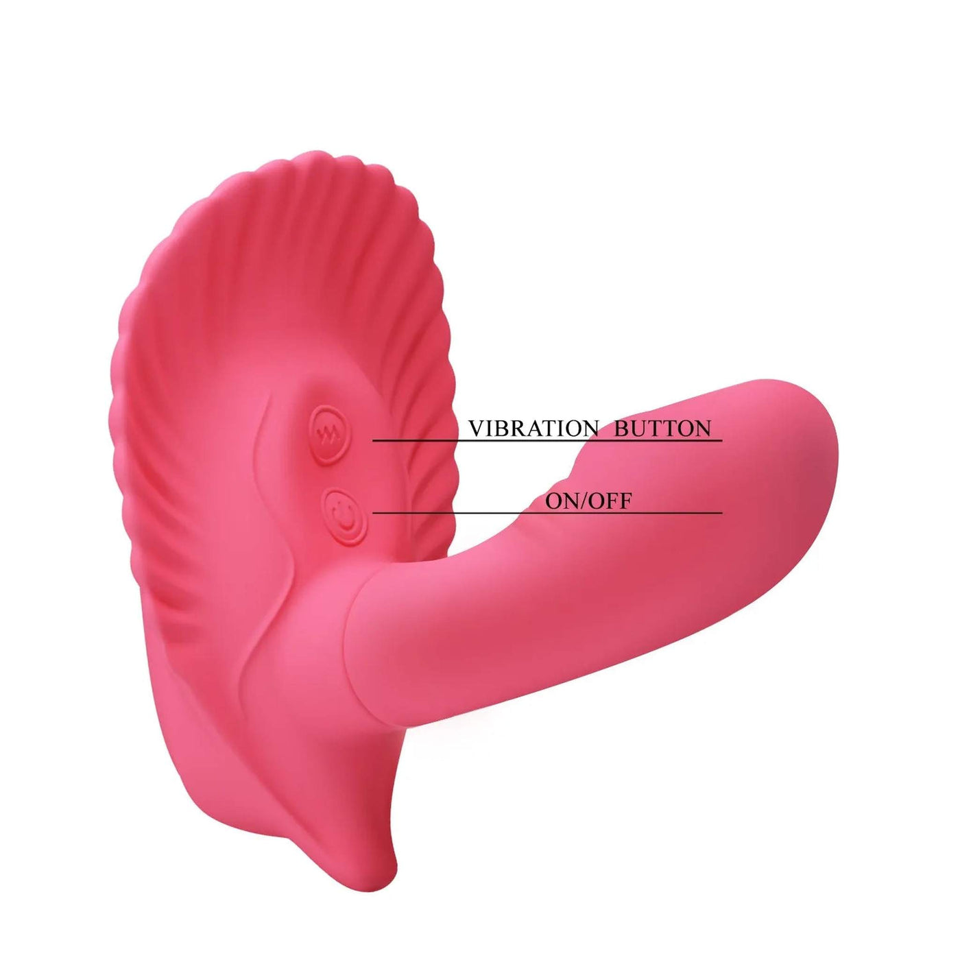 Pulsanti funzione vibrazione e accensione su dispositivo sessuale rosa in silicone
