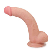 Dildo anatomico rosa carne curvo con testa arrotondata e testicoli