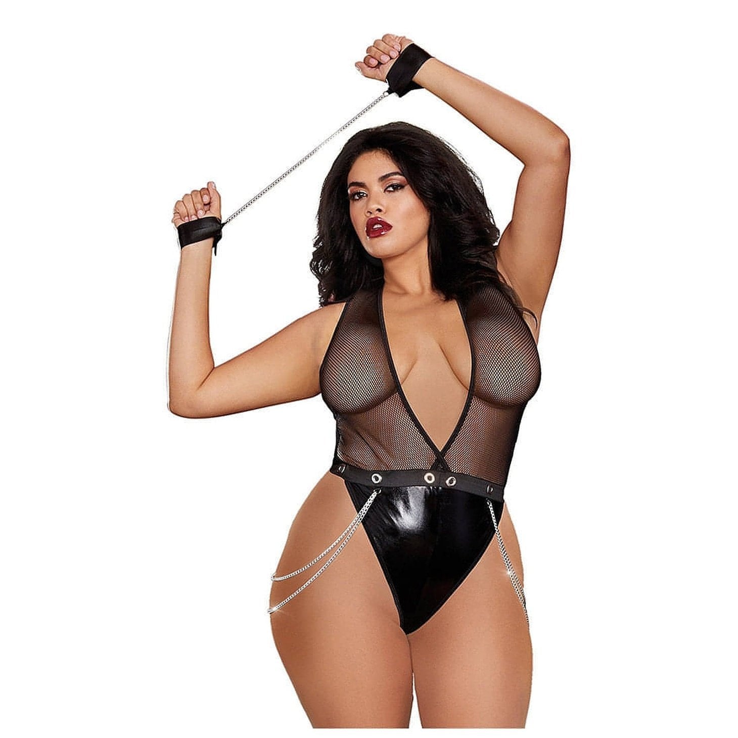 Faux-Leather Deep Plunge Halter Teddy - Plus Size - GoEstasy