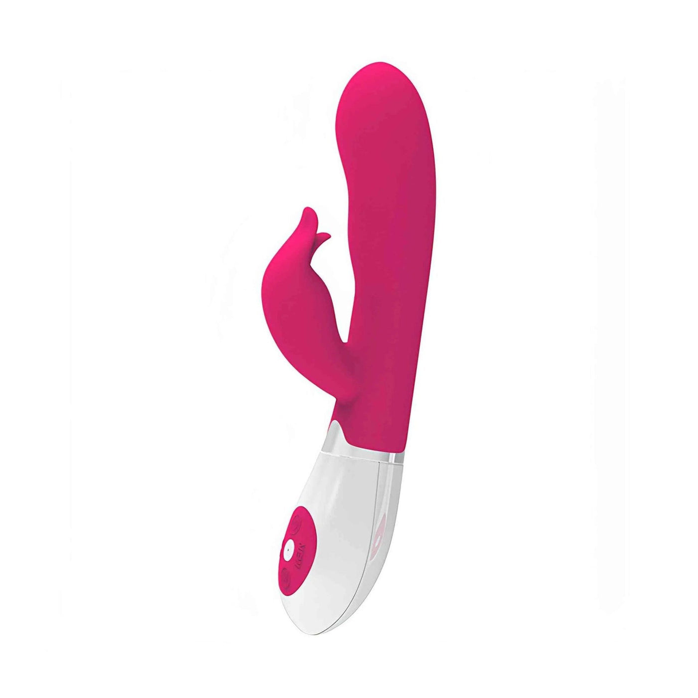 Vibratore rabbit silicone rosa con orecchio esterno e base bianca trasparente